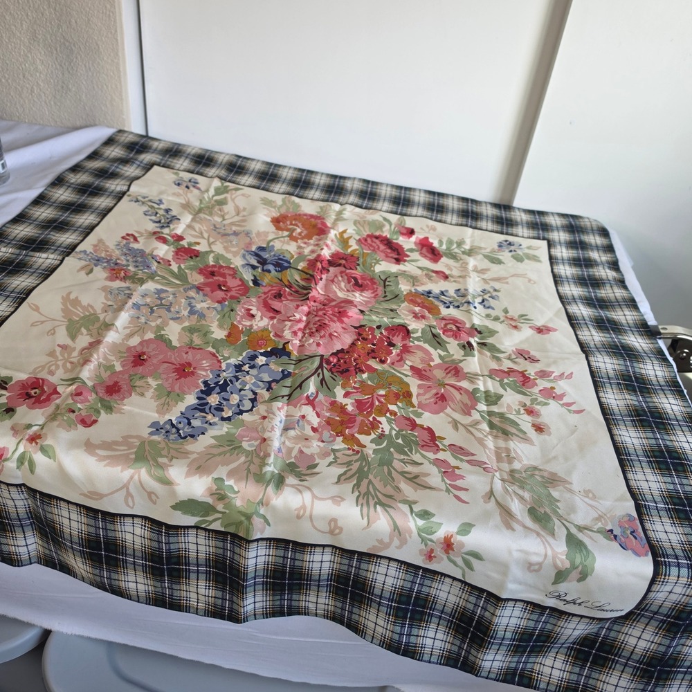 Ralph Lauren Silk Square Scarf Floral Plaid Tartan whimsical old school - Picture 7 of 7